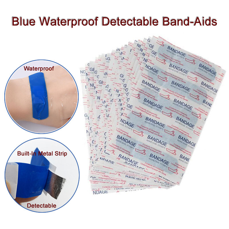 Kit Band-Aid médico adesivo ferida elástica detectável azul, gesso impermeável, kits de primeiros socorros, hotel, restaurante, chef, 100pcs