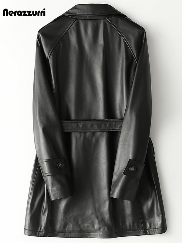 Nerazzurri-Chaqueta de piel sintética para mujer, abrigo de cuero negro con cinturón de manga raglán, doble botonadura, 5xl, 6xl, 7xl, para primavera y otoño