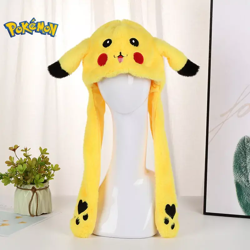 Pikachu Pokemon Anime Plush Hat Bunny Ears Plush Funny Cute Cartoon Hat Flashing Ears Moveable Plush Doll Gift Figure Toys