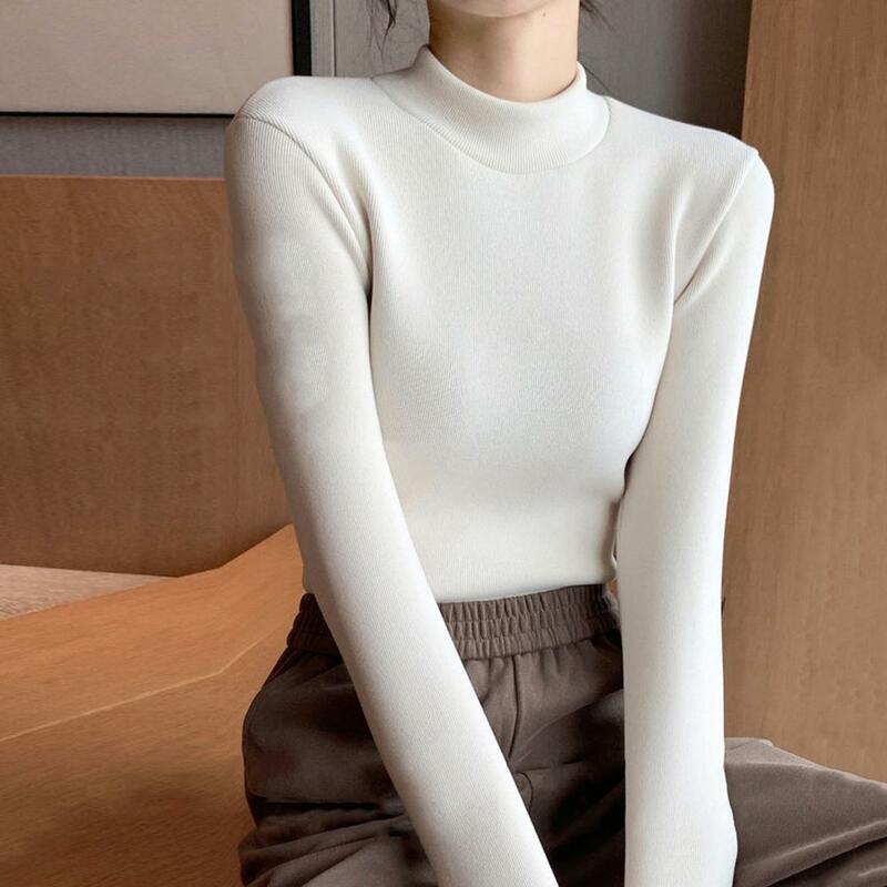 Warm Knitted Pullover Tops Elegant Thicken Velvet Lined Winter Sweater Slim Fit Knitwear Jumper with Half High Collar Stay Warm