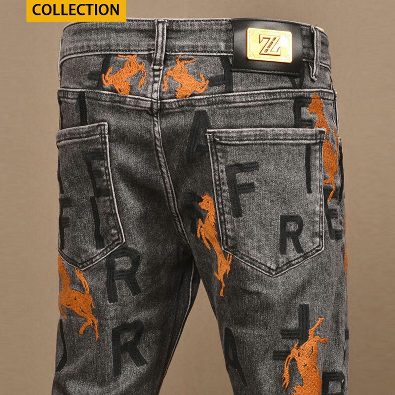 Джинсы мужские Стрейчевые в стиле ретро, Модные Винтажные облегающие джинсы с вышивкой, дизайнерские брюки из денима в стиле хип-хоп, Черные Серые