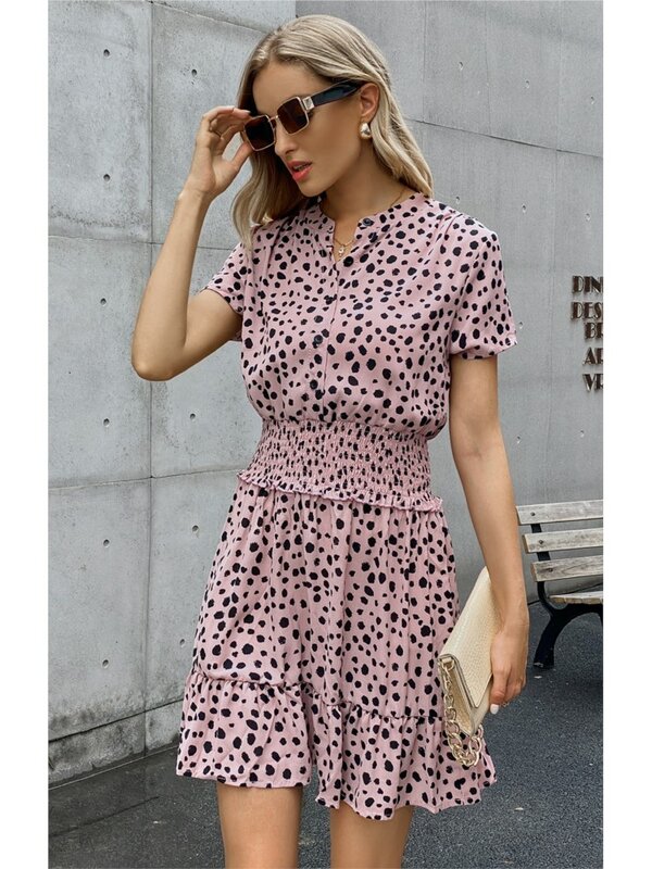 Sommer Tupfen Frauen Kleid Mode V-Ausschnitt Kurzarm Büro süße Freizeit kleider weibliche elegante Mini kleid neue 2024 Vestidos