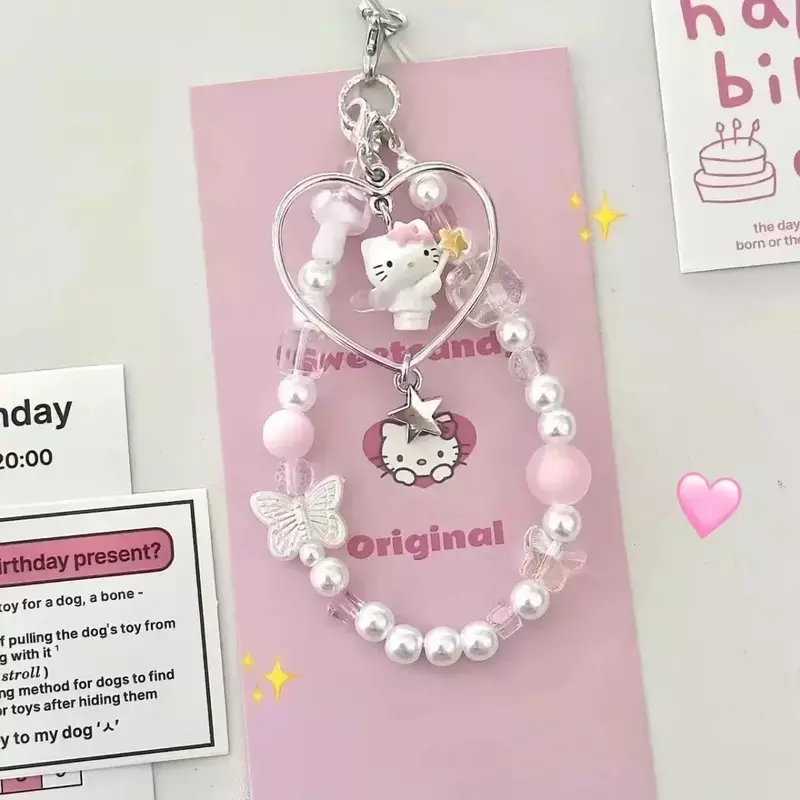 Kawaii Sanrio Love Hello Kitty Beaded Phone Case Chain Girl Cartoon Keychain Pendant Backpack Strap Decoration Holiday Gift