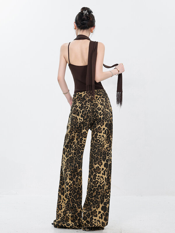 Pantalones vaqueros Retro con estampado de leopardo para mujer, ropa de calle holgada, Hip-hop, pierna ancha, Vintage