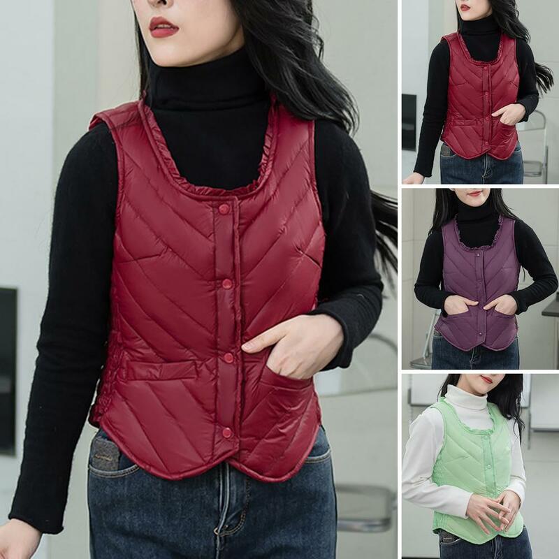 Fall Winter Vest Thick Padded Plush U Neck Sleeveless Solid Color Shirring Single-breasted Soft Warm Windproof  Waistcoat