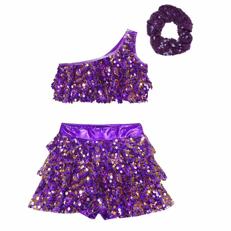 Kids Girls Modern Dance Outfit Latin Jazz Ballroom Dancewear Costume Shiny Sequins Tiered Ruffles Crop Top with Skirted Shorts