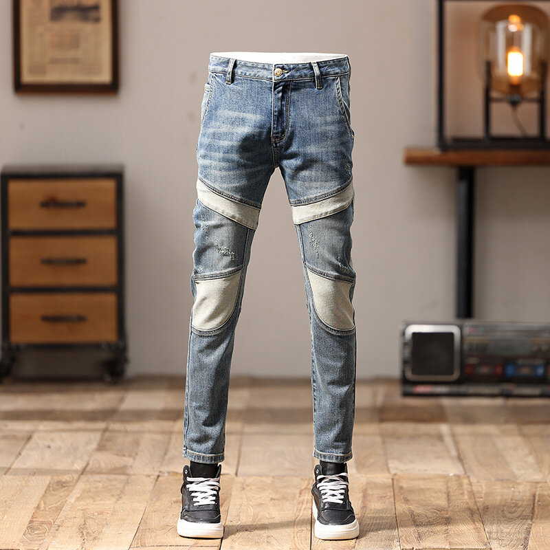 2024 high-end jeansy męskie przeszyte modne Retro spersonalizowany projekt uliczne Slim Fit obcisłe spodnie motocyklowe