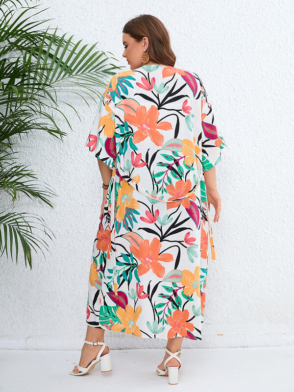 GIBSIE Plus rozmiar na co dzień z nadrukiem plażowy kardigan kimono z paskiem wakacje artystyczna luźna tunika damska kostiumy kąpielowe letni długi kardigan