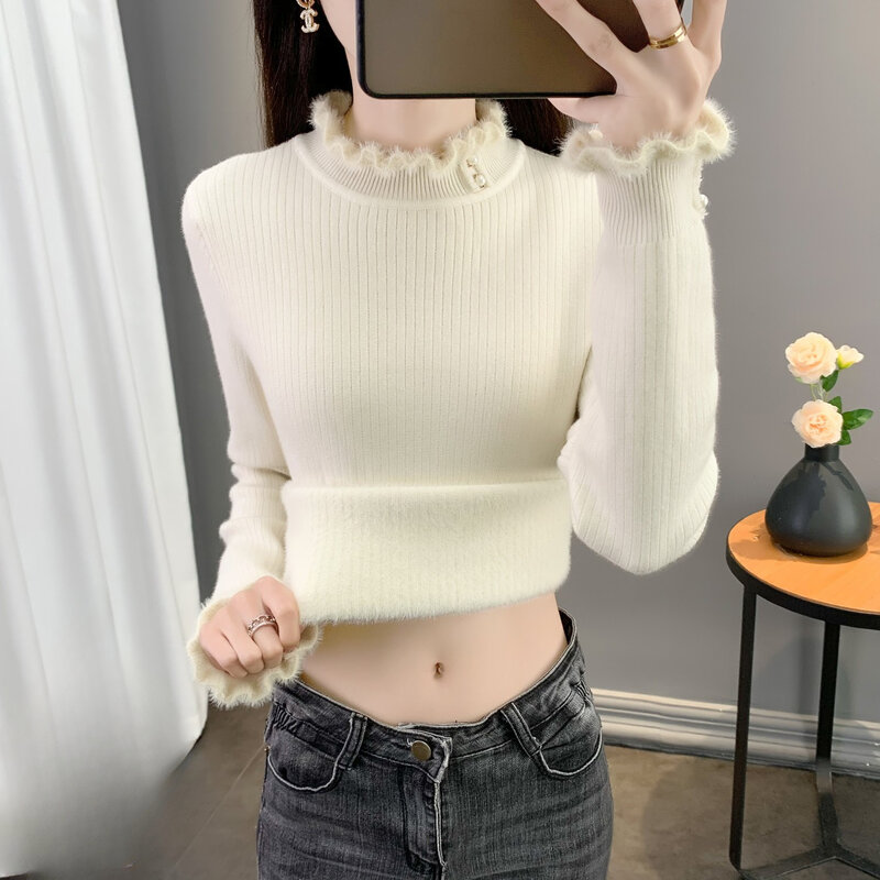 Women's Long Sleeved Top 2024 Autumn and Winter New Solid Button Half High Collar  Underlay Knitted Pullover B482