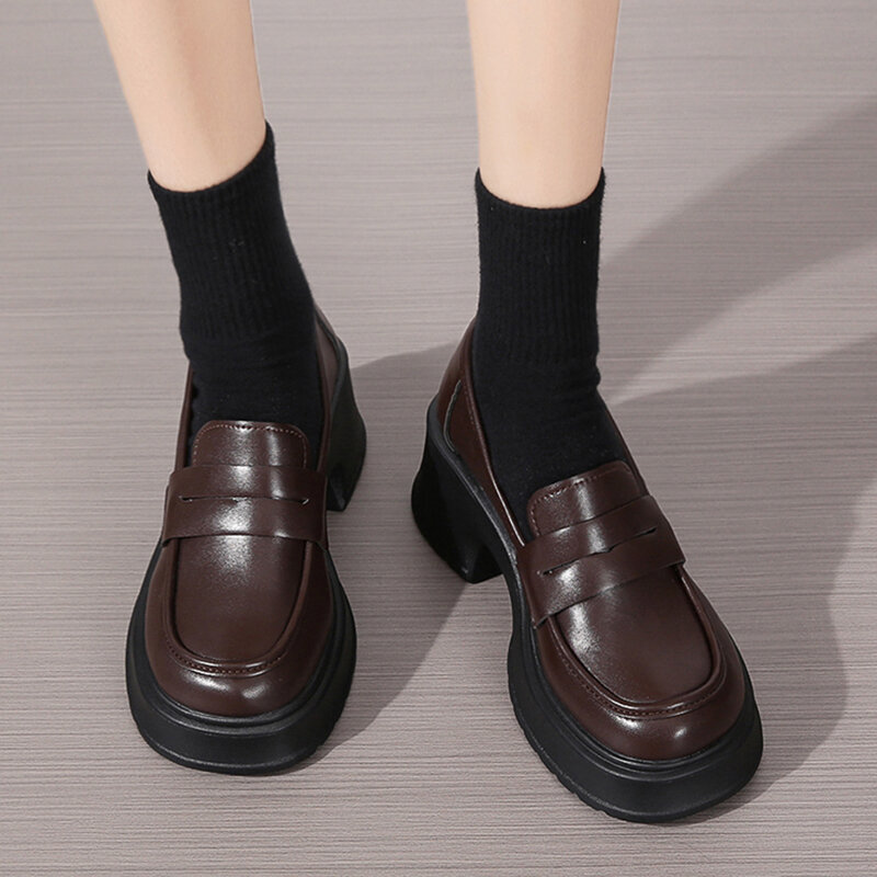 Lucyever-mocasines de piel sintética con plataforma para Mujer, zapatos Oxford de tacón grueso, estilo británico, sin cordones, estilo gótico universitario, 2023