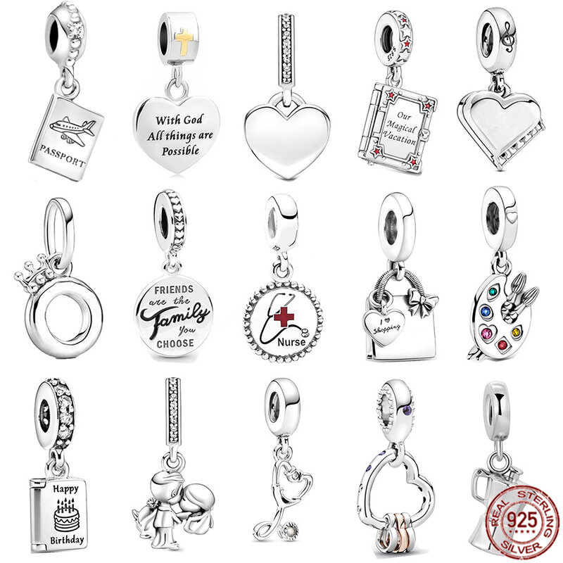 Estetoscopio de Plata de Ley 925 auténtica, cuentas colgantes de corazón y pareja de novios, compatible con pulsera Pandora Original, regalo de joyería