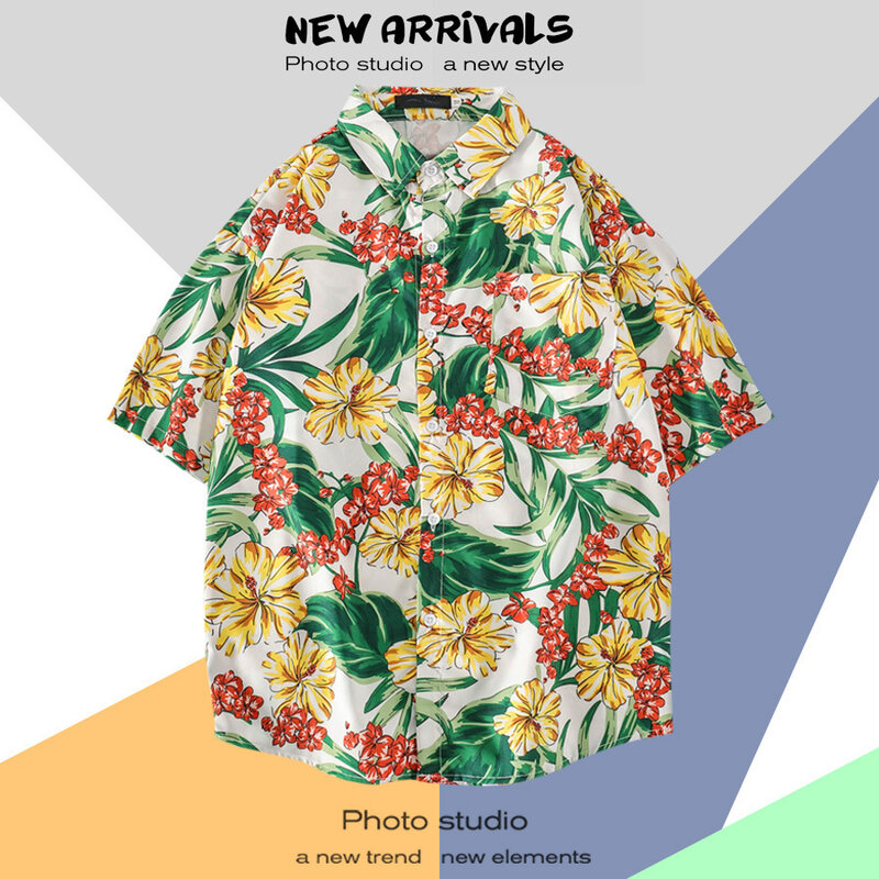 Mens Cartoon Print Button Up Shirt Summer New Hawaiian Beach Shirts Mens Loose Short Sleeve Floral Shirt Camisa Hawaiana Hombre