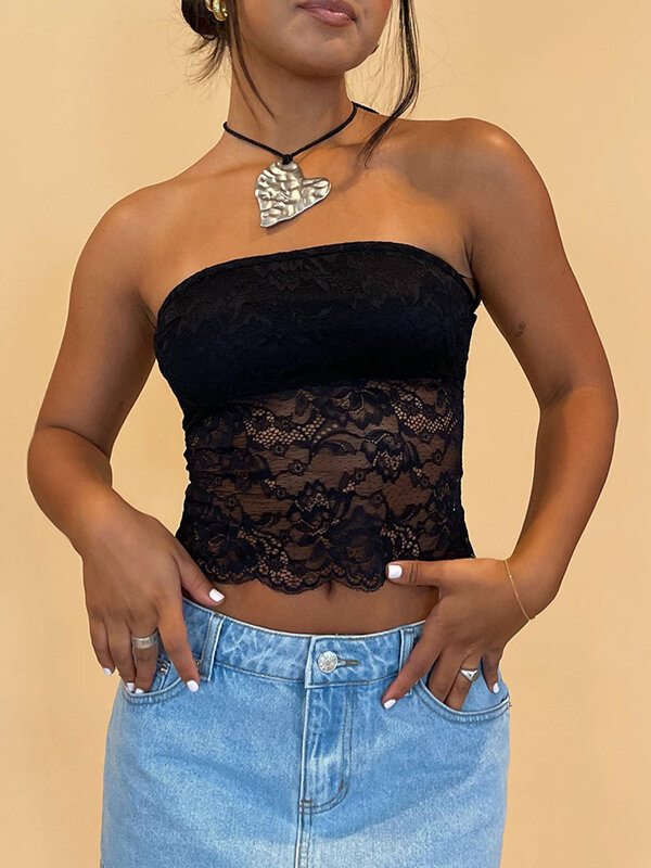Women Floral Lace Crop Tops Strapless Backless Shirts Streetwear Aesthetic Grunge Clothes