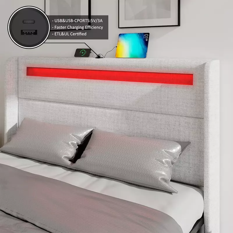 Rama łóżka LED Full/Queen/King z zagłówkiem Wingback i 4 szuflady do przechowywania, łóżko z pełnymi bokami tapicerowane z portami USB i USB-C