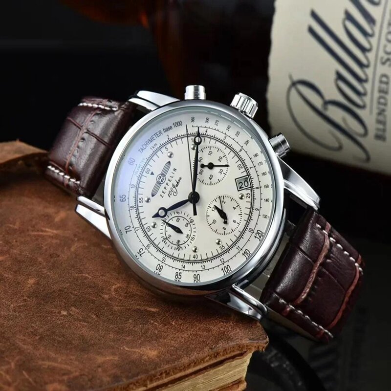 Zeppelin jam tangan Zeppelin series, jam tangan kuarsa kulit asli kronograf multifungsi tiga mata modis mewah