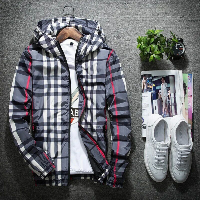 Spring Men Jacket New Korean Version Outdoor Travel Comfortable Loose Checkered Printed Jacket Fashion Trend Hooded Trench Coat