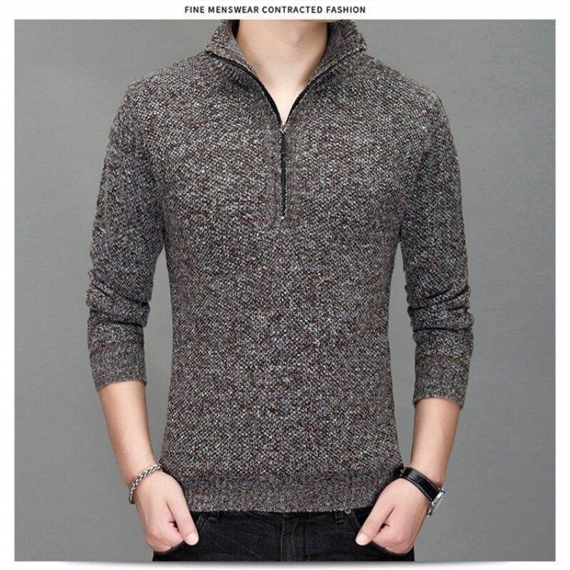 2023 Autumn Winter Men's Solid Color Half Zipper Sweater Cardigan Coat Plush Thickened Knitted Shirt Casual Slim Fit Pullover