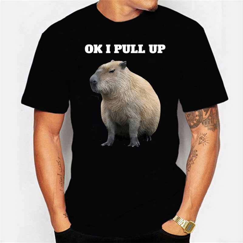 Ok I Pull Up Capybaras Capybara Print Kaus Pria Ukuran Besar Hip Hop Kaus Lucu Katun Streetwear untuk Pria Kaus Grafis