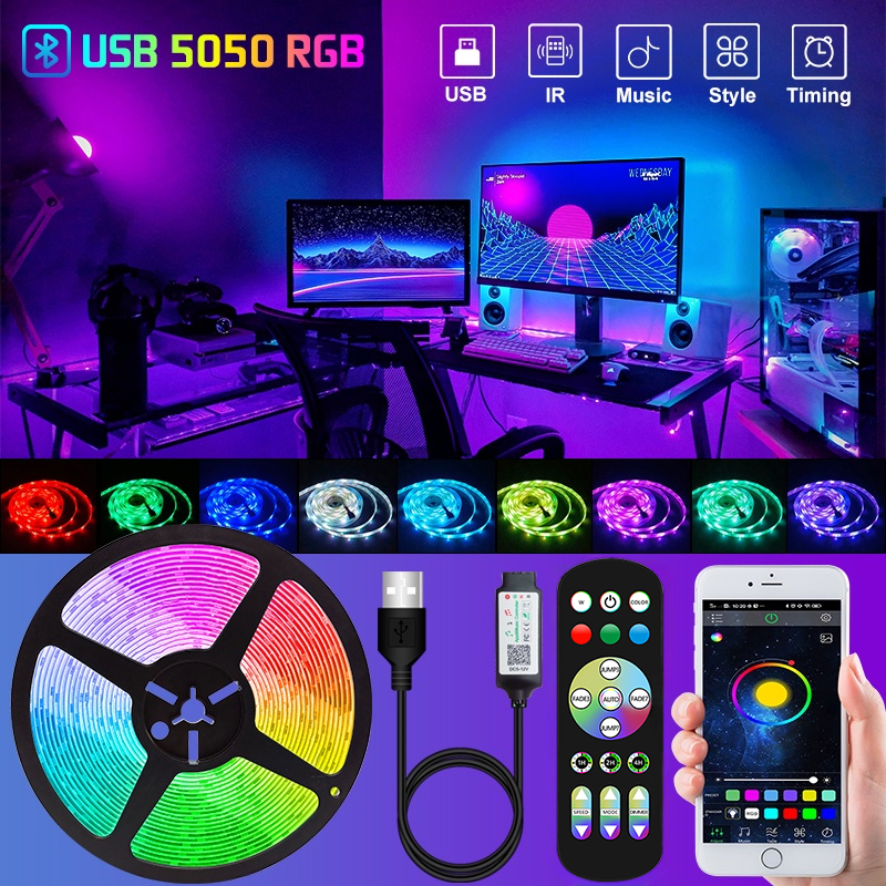 USB LED Strip Lights para Sala de Estar, RGB 5050, Bluetooth, Controle APP, Luces Led, Decoração de Diodo Flexível, Fita da Lâmpada, 1-30m