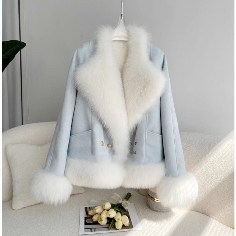 Fashion musim dingin baru mantel bulu asli wanita mantel bulu rubah alami kerah bulu tebal hangat longgar garis bulu kelinci Suede pakaian luar