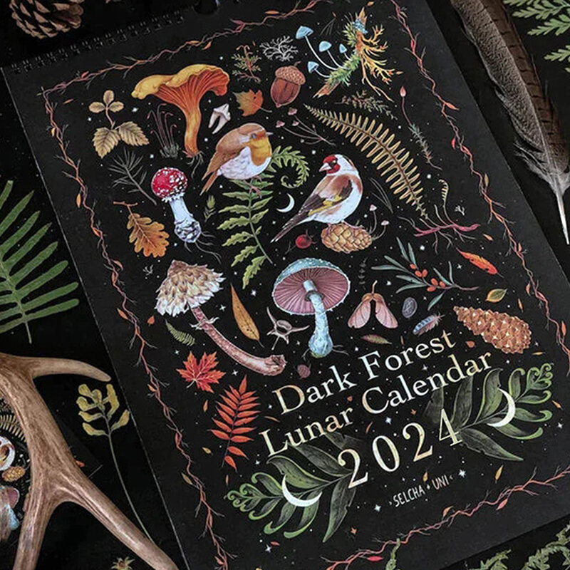 12X8 дюймов, лунный календарь с темным лесом 2024, содержит 12 оригинальных иллюстраций, нарисованных в течение года, 12 ежемесячных цветных
