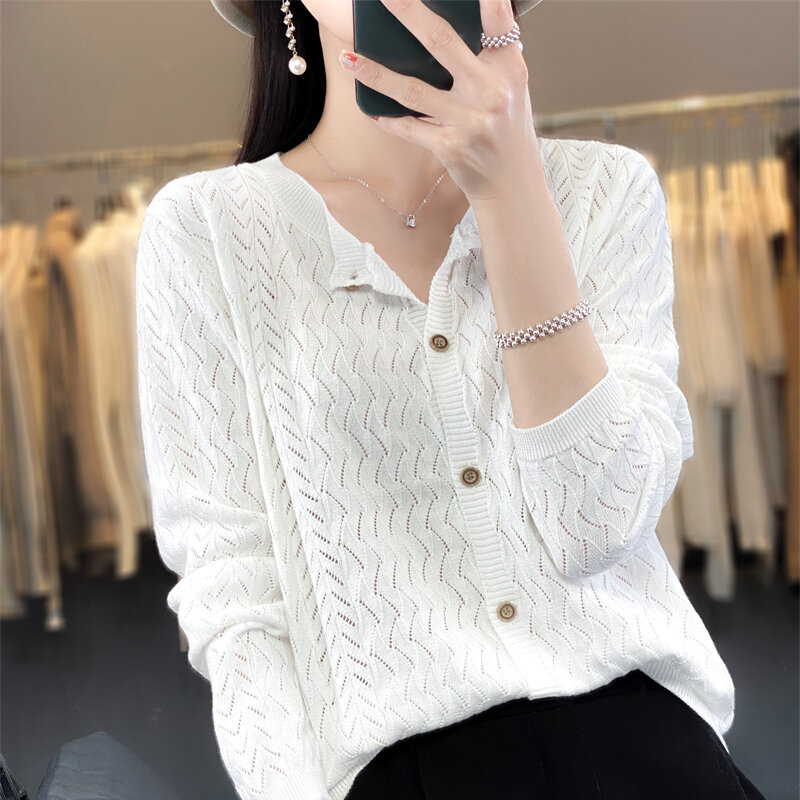 2024 Spring/Summer New Wool Round Neck Knitted Cardigan Women's Loose Long sleeved Sweater Hollow Outwear Bottom Top