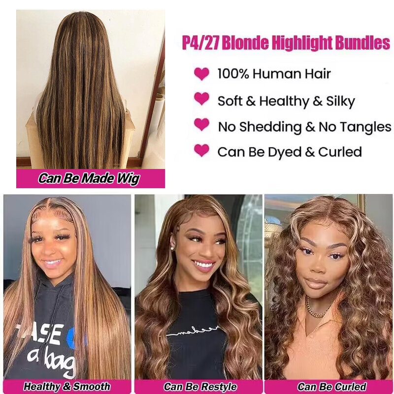 Highlight Bundles Straight Human Hair Bundles Raw Hair P4/27 Colored Ombre Honey Blonde Bundles Brazilian Hair Extensions