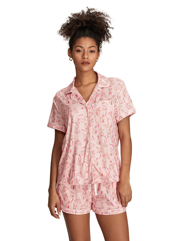 Women 2 Piece Pajama Set Bunny Print Button T-Shirt and Elastic Shorts for Loungewear Soft Sleepwear for Nightwear
