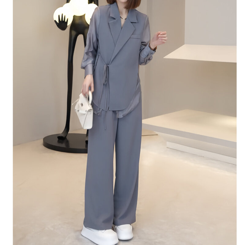 여성 얇은 섹션 스플라이싱 슈트 투피스 세트, 시니어 감각, 캐주얼 기질, 2023 여름 신상 디자인