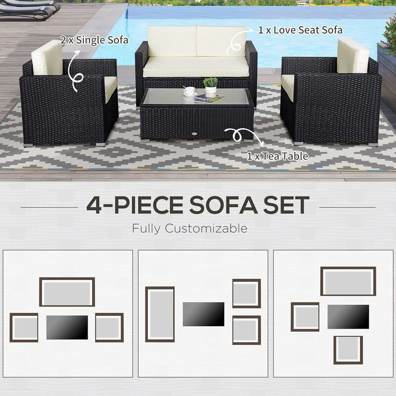 Set furnitur teras anyaman 4 buah dengan bantal, furnitur bersekat luar ruangan dengan 2 Sofa, dua dudukan, dan meja kopi atas kaca