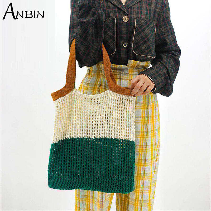 Versatile Knitting Wool Women's Bags Crochet Design Colorblock Hollow Out Large Capacity Beach Shoulder Shopping Handbag Tote