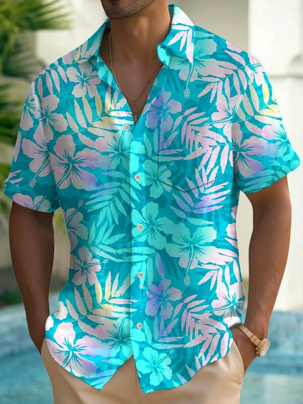 Гавайская рубашка для мужчин, базовая стильная модная цветная рубашка на пуговицах, с лацканами, уличная одежда, гавайская блузка, лето