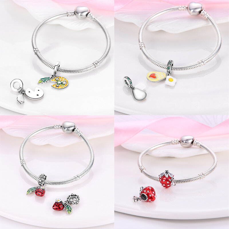 925 silver strawberry cherry boutique pendant charms fit original Pandora bracelet charm bead necklace Diy female jewelry