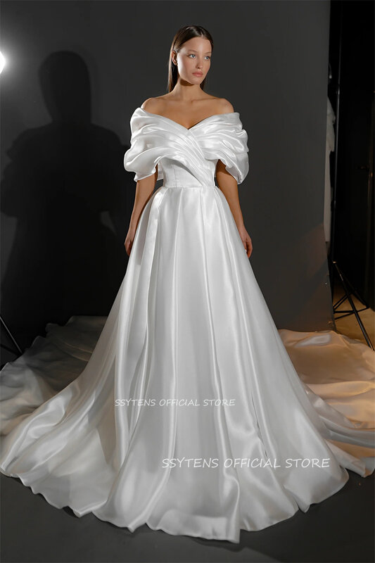 Elegante Satin A-Linie Abendkleider für Frauen von der Schulter geraffte formelle Vestidos de Noche Hochzeits kleider für Frauen