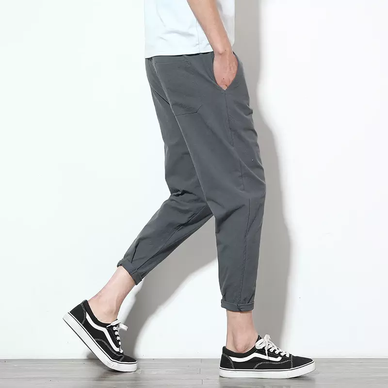 Celana Joger kasual pria, celana olahraga Linen banyak warna gaya Korea tali serut klasik untuk lelaki