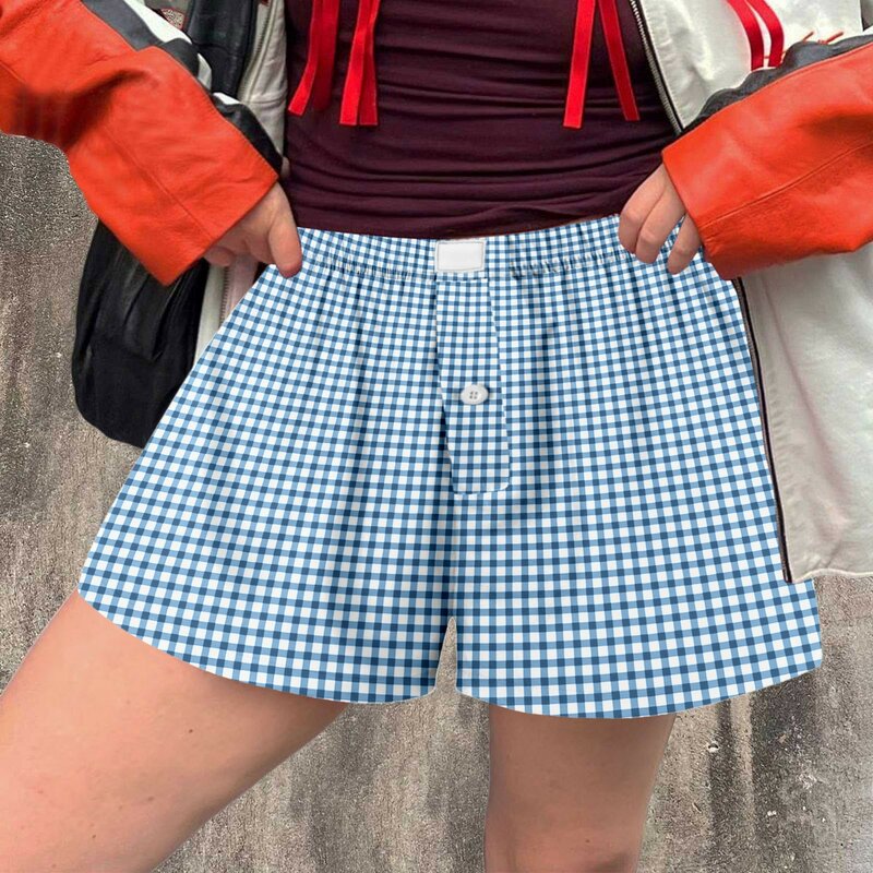 Pantaloncini Casual larghi da donna carino morbido e confortevole stampa scozzese con bottoni sul davanti pantaloncini elastici a vita moda donna pigiameria