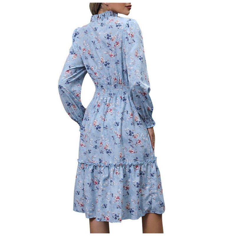 Fashion Women's Fashion Printed Shirt Dress Summer Pleated Long Sleeve Maxi Dress Female Slim Waist Turndown Collar Dresses