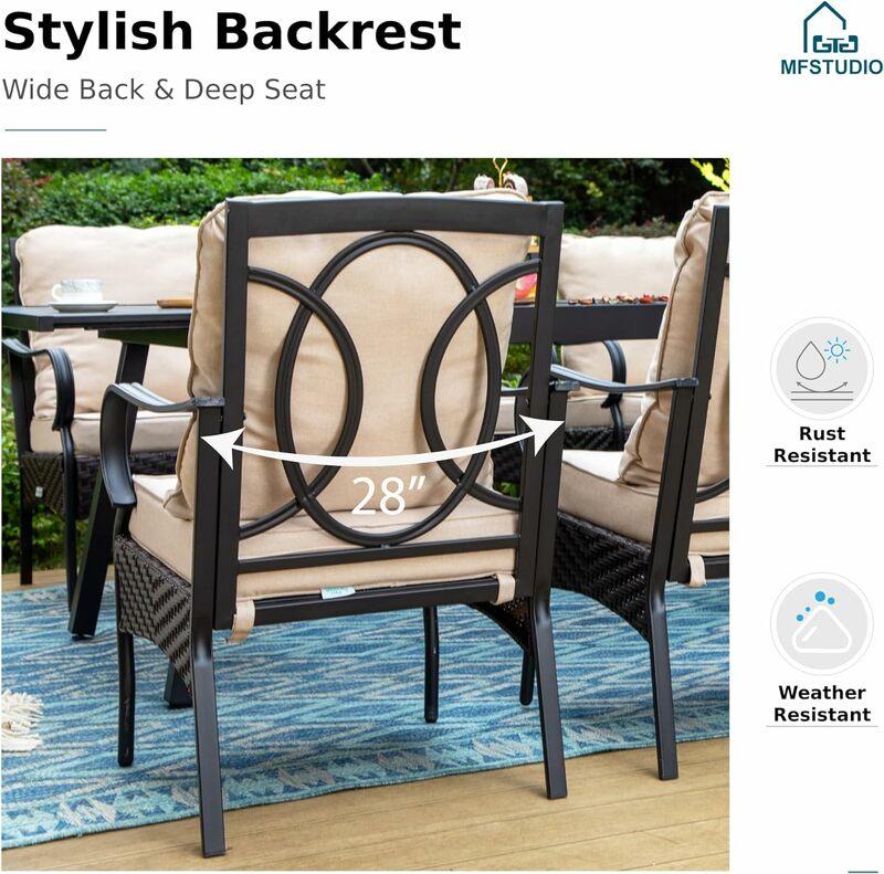 Kursi makan, kursi logam luar ruangan dengan bantal yang dapat dilepas, kursi dekorasi anyaman rotan teras untuk halaman belakang, balkon, Taman