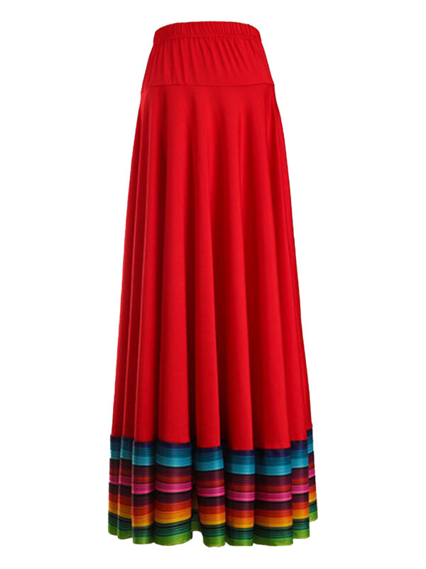 Rok panjang dansa rakyat Spanyol Meksiko rok lebar ayunan besar lingkaran penuh garis warna-warni gaun latihan dansa Ballroom
