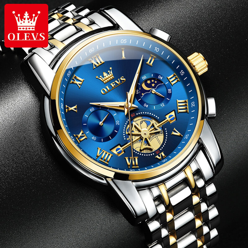 OLEVS moda męska zegarek wodoodporny faza księżyca podświetlany zegarek kwarcowy Trend ze stalowy pasek nierdzewnej męski zegarek oryginalnej marki