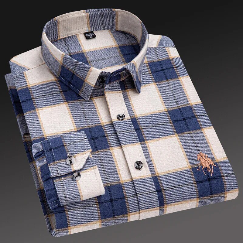 Increase 115KG men's 100% cotton sanded plaid long shirts for casual middle-aged and elderly fathers to wear shirts and jackets.