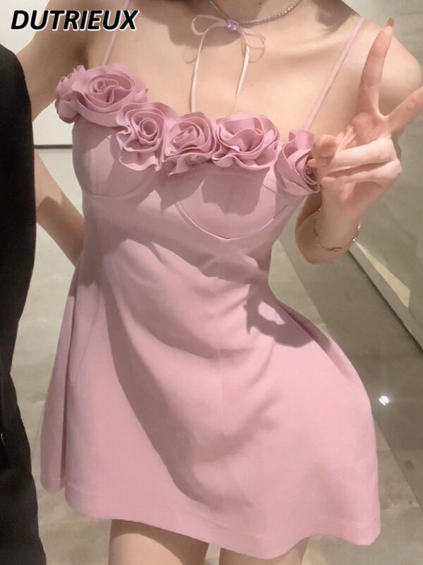 Overs ize Blume rosa sexy Schlinge Kleid weibliche pralle Mädchen Französisch Stil Temperament Social ite Cinched süße kurze Kleider