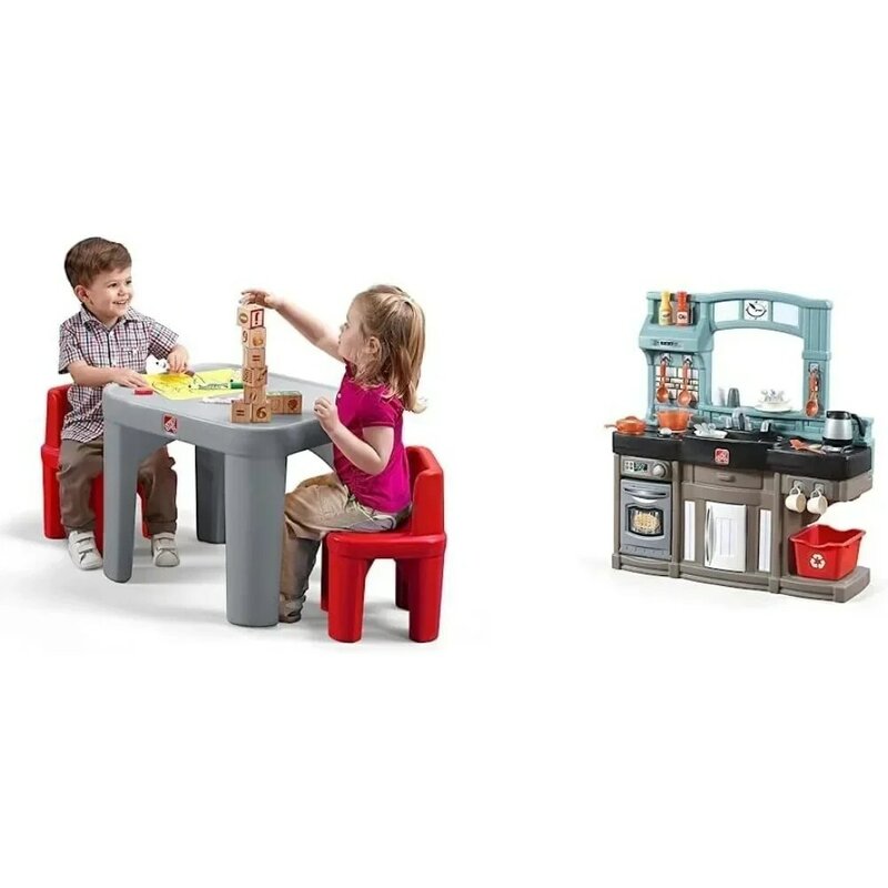Kids Table and Chair Set, Playroom Toddler Activity Tables, Arts and Crafts, Ages 2+ Years Old, Gray & Red