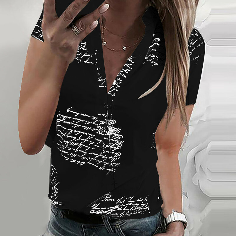Рубашка женская с коротким рукавом, модная блузка с V-образным вырезом, на пуговицах, с надписью, топ на весну