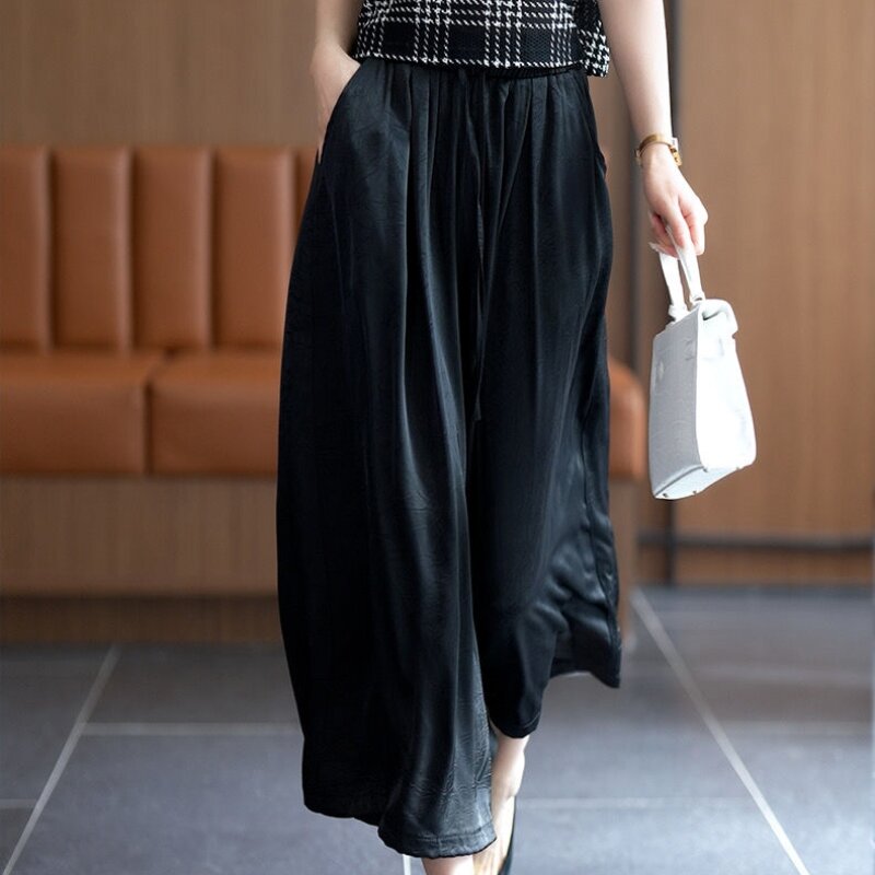 2024 Summer Thin High Waist Loose Casual Elastic Waist Large Size Covering Meat Elegance Simple Seven Quarter Wide Leg Pants For