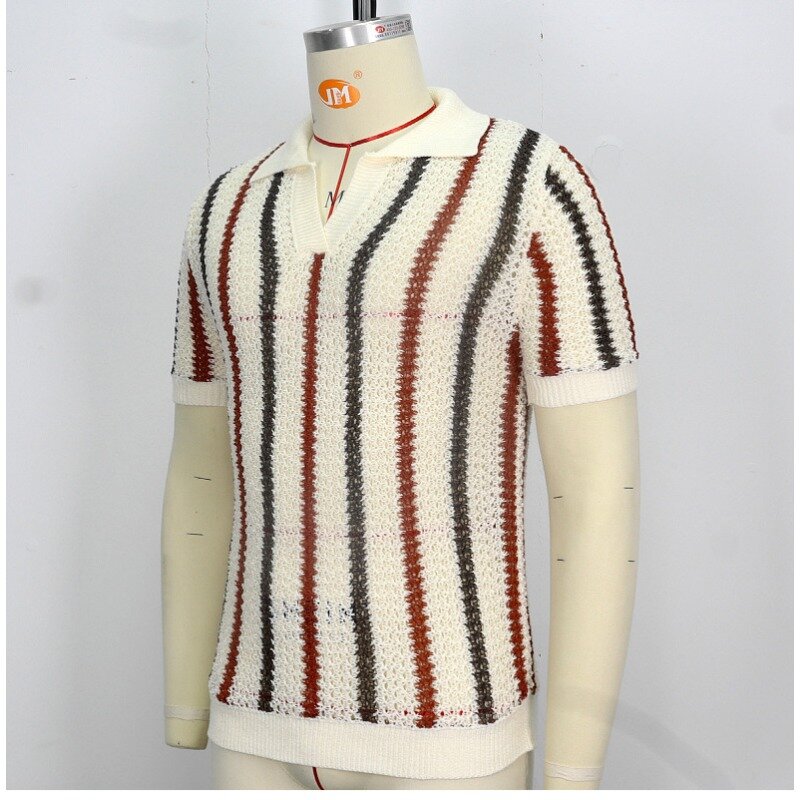 เสื้อโปโลลำลองผ้าขนแกะแขนสั้นมีรูเข็มหนาเสื้อ Baju rajutan สไตล์ยุโรปและอเมริกันฤดูร้อน2024