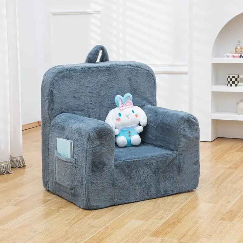 Toddler Plush Armchair Fuzzy Plush Kids Sofa Couch Reading Handle for Easy Movement & Double Pockets for Storage
