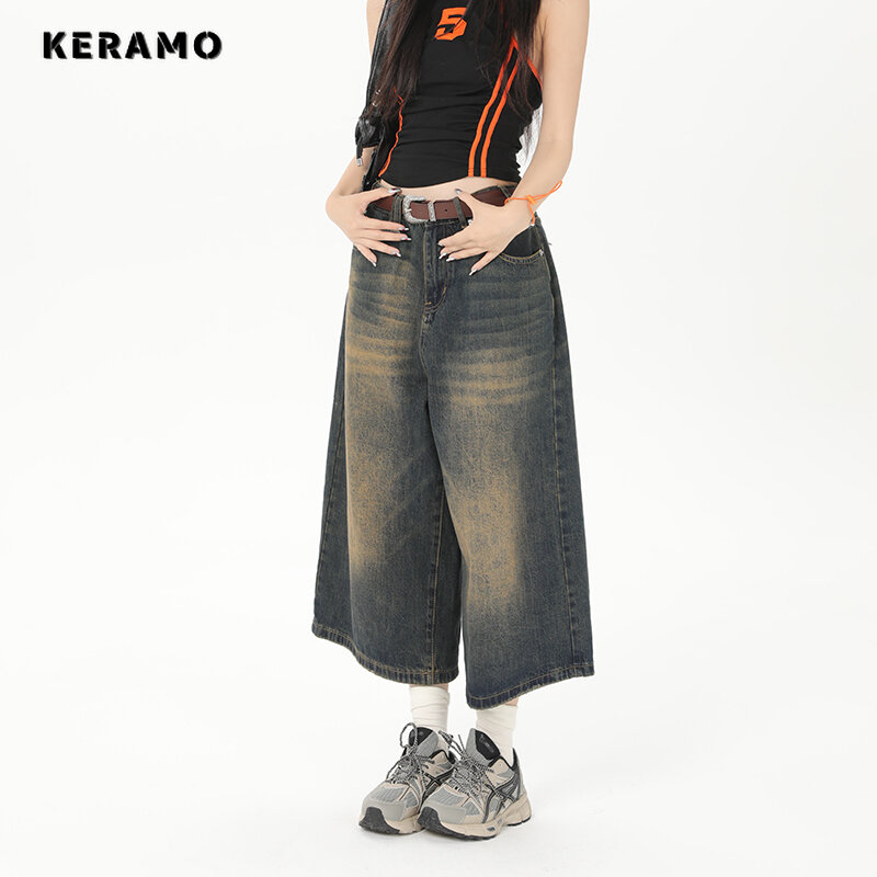 Шорты женские джинсовые в винтажном стиле, свободные брюки до колена, с широкими штанинами, модная уличная одежда, Y2K, лето 2024