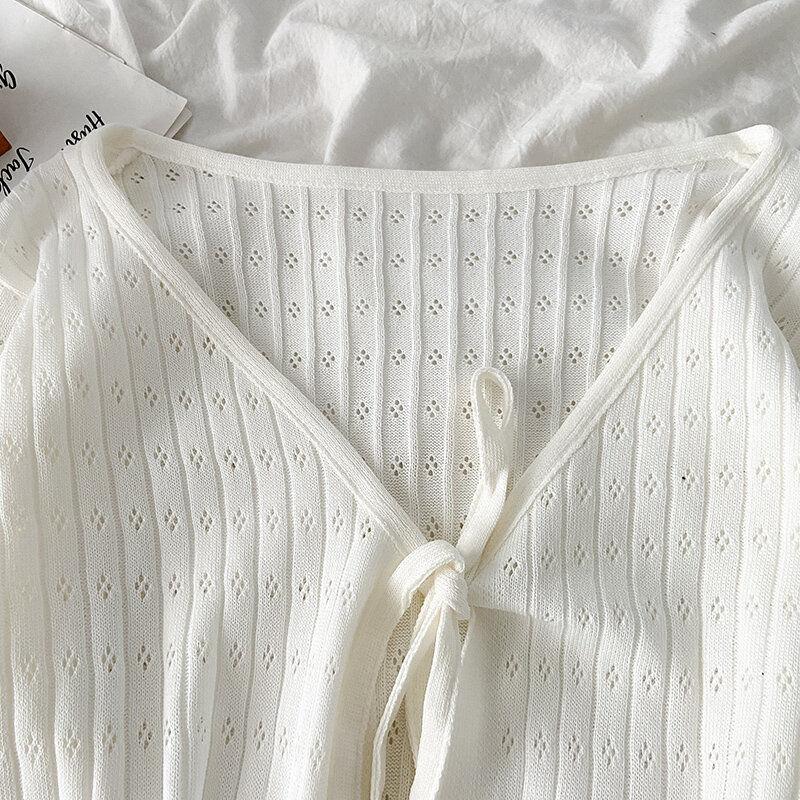 Женский тонкий вязаный кардиган, повседневный ажурный топ с V-образным вырезом и защитой от солнца, футболка в Корейском стиле, одежда для женщин на лето