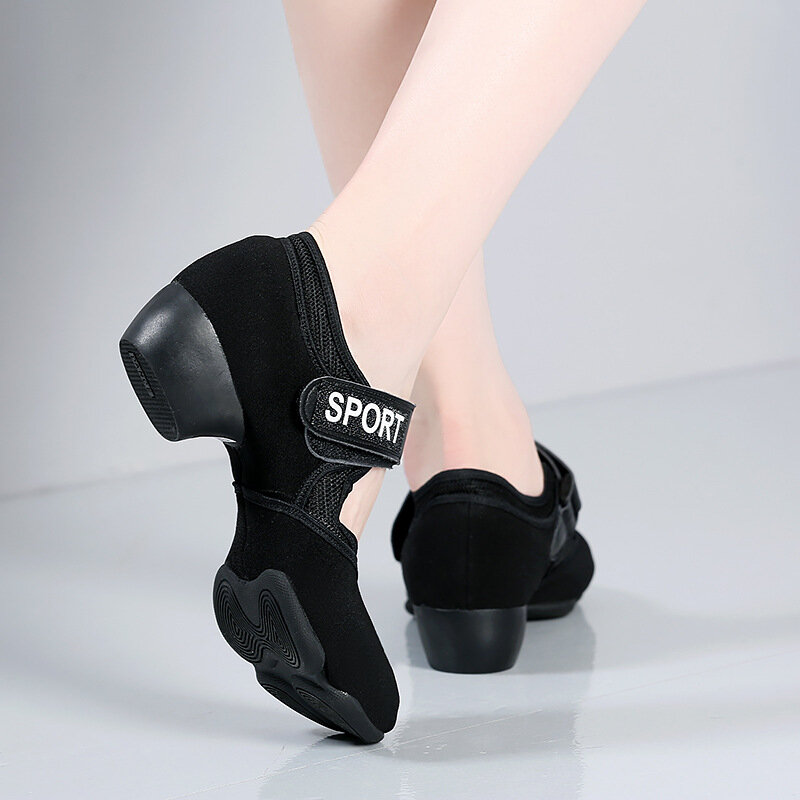Женские туфли для танцев на низком каблуке, летние сетчатые дышащие кроссовки с мягкой подошвой, для бальных танцев, для взрослых, среднего возраста